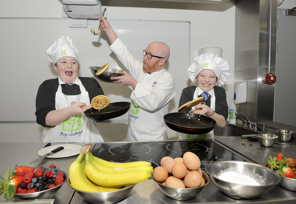 Sciaf Wee Box launch with Scotland’s National Chef Gary Maclean and pancake throwing at the City of Glasgow College
