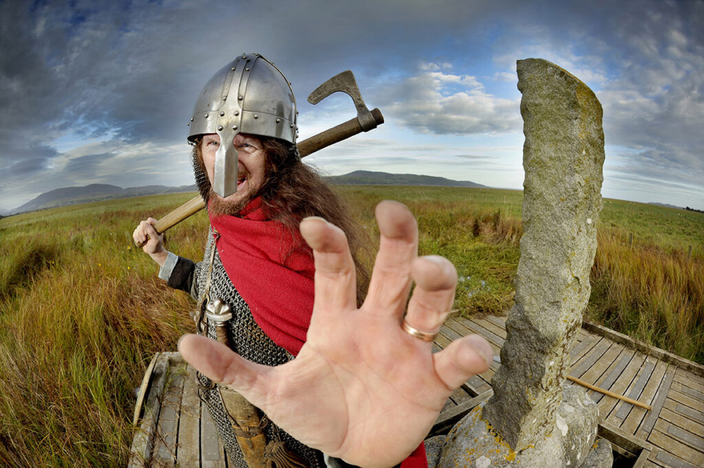 Viking re-enactor Guthrum Thorwulfsson launching Wigtown Book Festival at the town’s Martyrs Stake, used to execute women accused of witchcraft