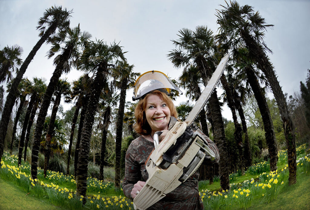 Woodcrafter and Spring Fling artist Jane Fraser at Logan Botanical Gardens, near her studio in Galloway